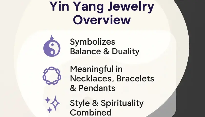 Översikt över Yin Yang smycken. Symboliserar balans och dualitet, meningsfullt i ett yin yang halsband, armband och hängen. Stil och andlighet kombinerat.