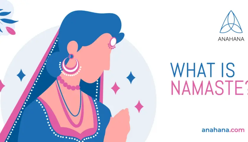 En kvinna i traditionell indisk klädsel med händerna i bön. Texten frågar "Vad betyder namaste?".