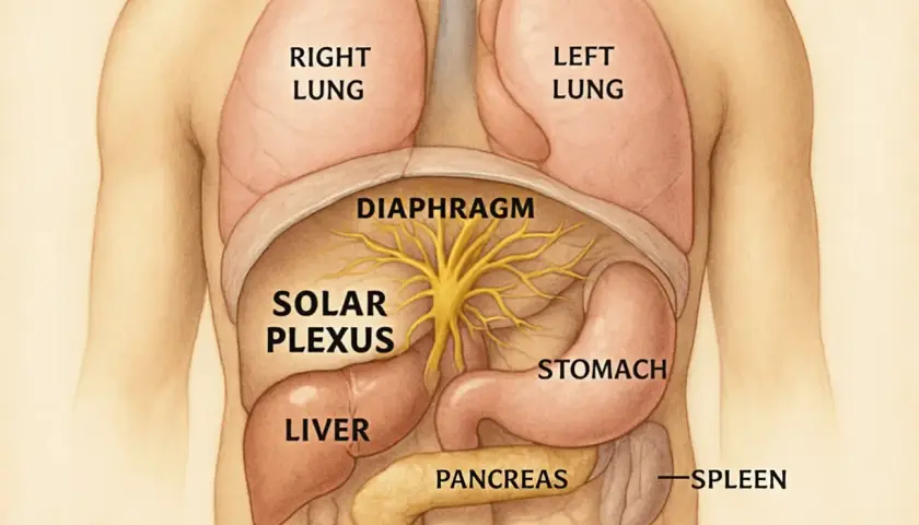 Illustration av människans övre bål med lungor, diafragma, magsäck, lever, bukspottkörtel, mjälte och det centrala nervsystemets solar plexus.