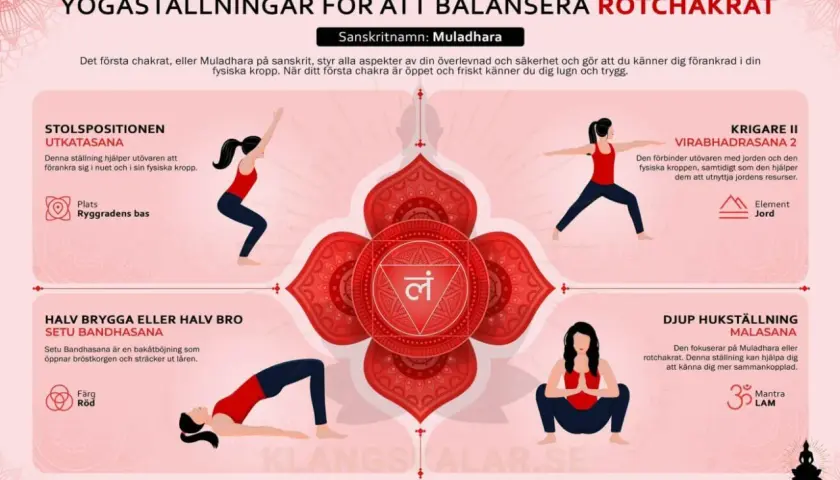 Yogaövningar för rotchakrat, som visar hur fungerar jordning genom positioner som Krigare II.