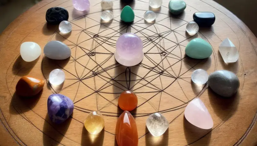 En cirkel av vackra chakra smycken, arrangerade på en träskiva med geometriska mönster. Stenar i olika färger och former skapar en harmonisk helhet.