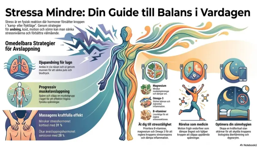 Bilden visar strategier för att minska stress, inklusive djupandning, muskelavslappning och massage som ökar serotonin.