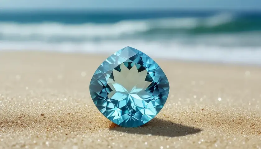 En skimrande akvamarin på en sandstrand, dess blå färg påminner om havets djup. Akvamarin egenskaper som lugn och klarhet speglas i denna vackra sten.