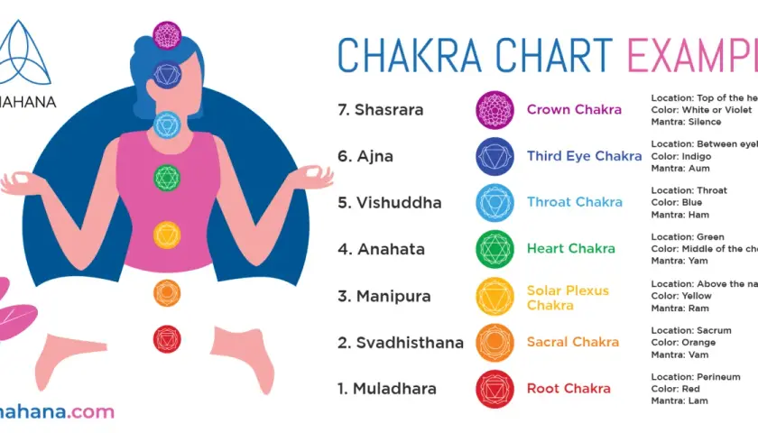 En illustration visar en person i meditationsställning med sju färgade chakrasymboler längs ryggraden. En guide för chakra meditation svenska.