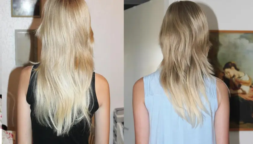 Före och efter-bilder visar hur håret blivit tjockare och glansigare efter 3 veckor med ricinolja.