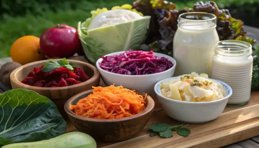 En härlig uppdukning av fermenterade grönsaker som rödbetor, surkål och morötter, perfekt för en **holistic cellsyre**-diet.