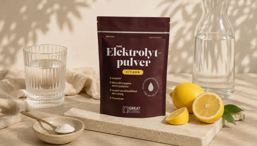 Elektrolytpulver med citron för att balansera hormoner och återställa vätskebalansen. Citroner, glas vatten och en sked pulver.
