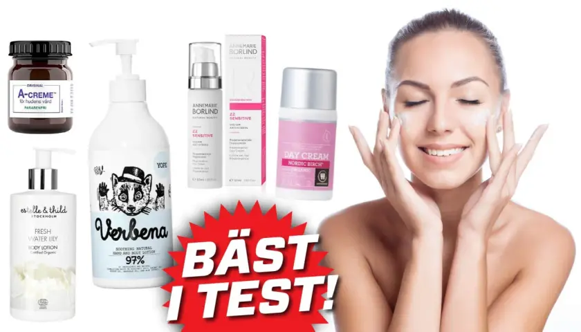 En kvinna applicerar ekologisk bodylotion. Flera produkter för hudvård visas, inklusive Annemarie Börlind och Estelle & Thild.