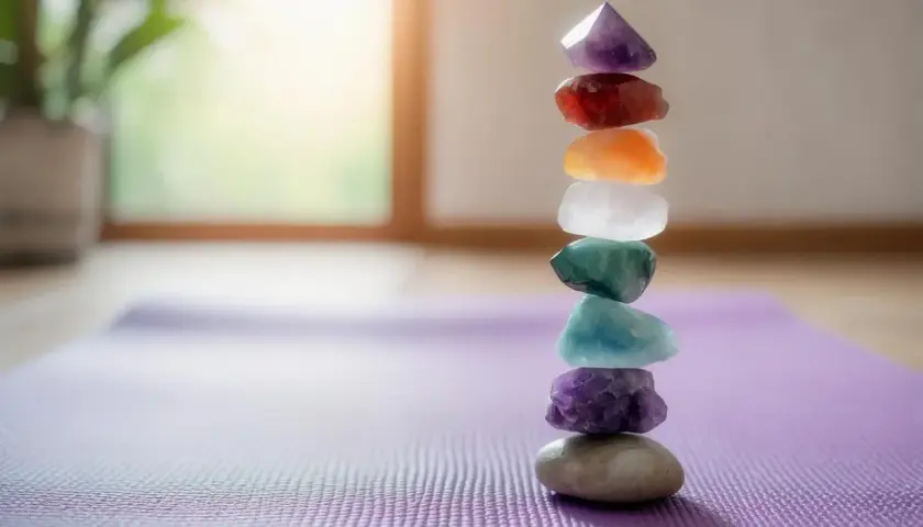 En stapel färgade chakra stenar på en lila yogamatta. Varje sten representerar en betydelse för kroppens energicentra.