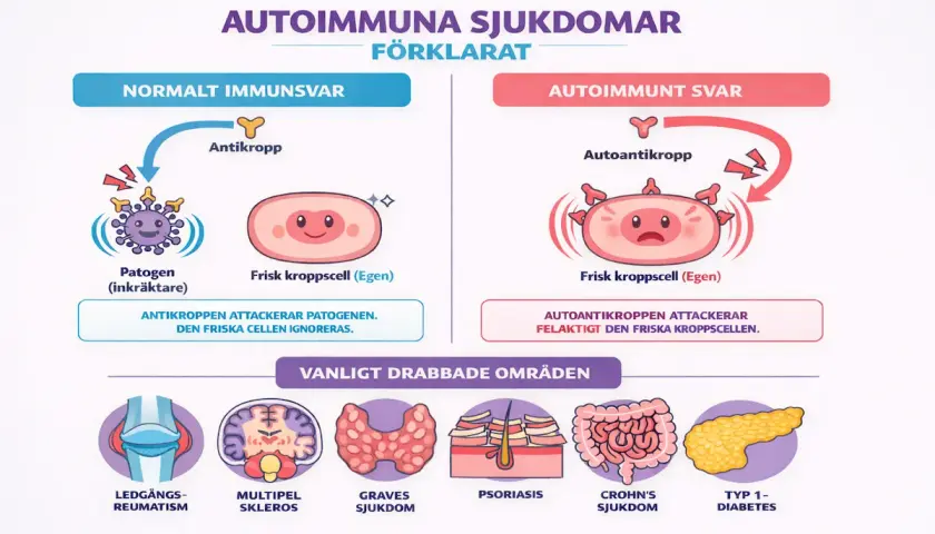 Illustration som förklarar autoimmuna sjukdomar: normalt immunförsvar attackerar patogener, medan vid autoimmunitet attackerar autoantikroppar kroppens egna celler. Test för autoimmun sjukdom kan visa detta.