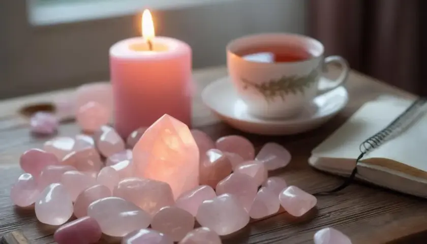 En rosa ljus, en kopp te och en anteckningsbok omgivna av rosenkvartsstenar. Rosenkvarts egenskaper sägs vara kopplade till kärlek och lugn.