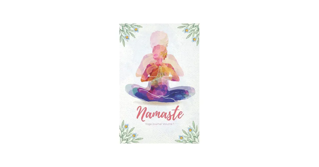 En färgstark silhuett av en person i meditationsställning, med texten "Namaste" och "Yoga Journal Volume 1".