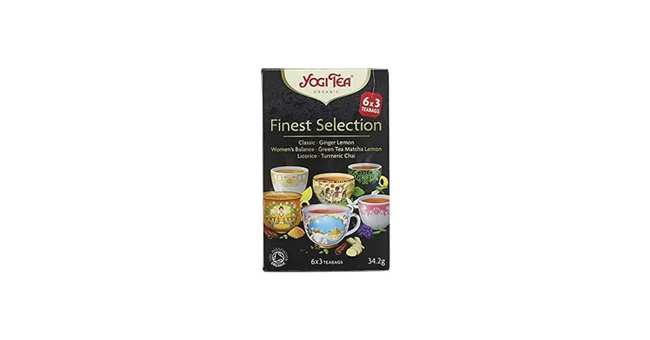 Yogi Tea Finest Selection-förpackning med sex olika tesorter, inklusive ingefära citron och grönt te matcha citron.