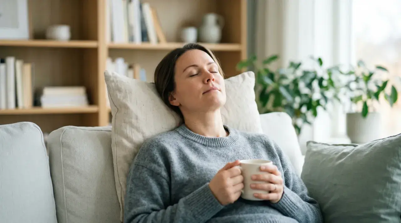 Kvinna vilar med en kopp, kanske en lugn stund för att lindra bihåleinflammation med en huskur.