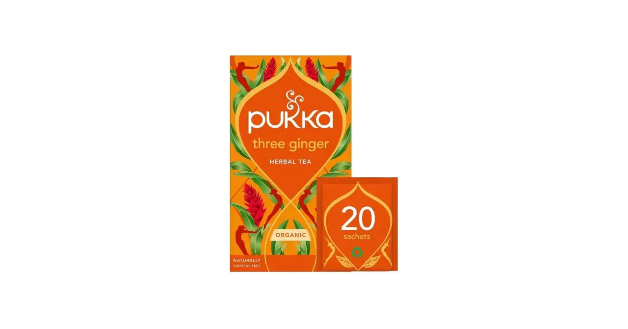 Pukka Three Ginger örtte. En förpackning med 20 påsar, ekologisk och koffeinfri.