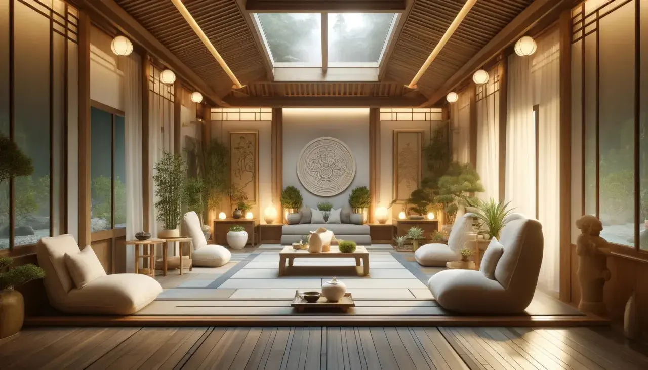 Ett lugnt rum med japansk inredning, perfekt för att vara zen. Mjuka möbler, bambu och naturligt ljus skapar en fridfull atmosfär.
