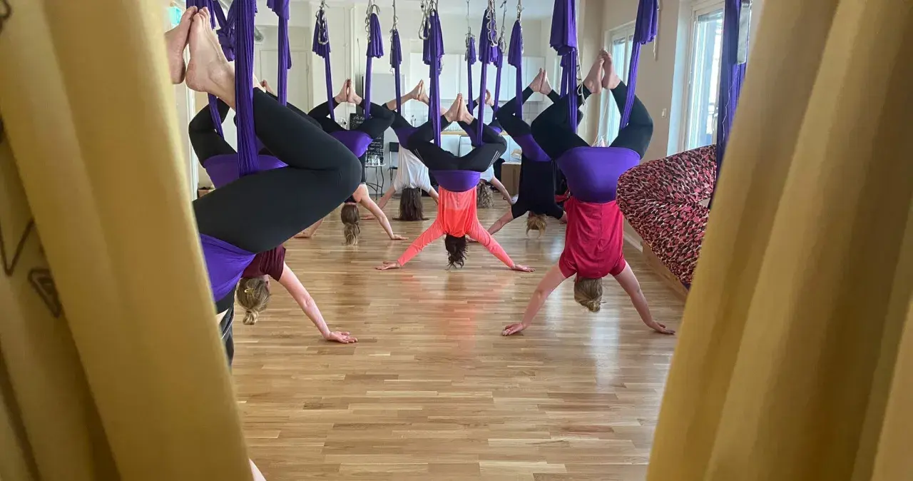 Grupp som utövar flying yoga, hängandes upp och ner i lila tyger.