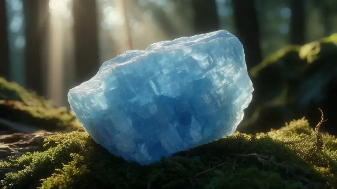 Blå kalcit, med sina lugnande blå nyanser, vilar på mossig mark i en solbelyst skog. Dess skiktade struktur antyder dess unika blå kalcit egenskaper.