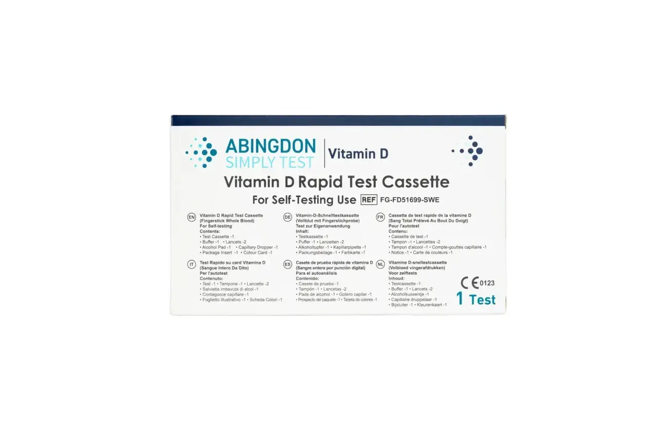 En låda för ett vitamin D snabbtest, perfekt för att testa ditt vitamin brist. Innehåller testkassett, buffert, lansetter, alkoholpad, kapillärpipett och instruktioner.