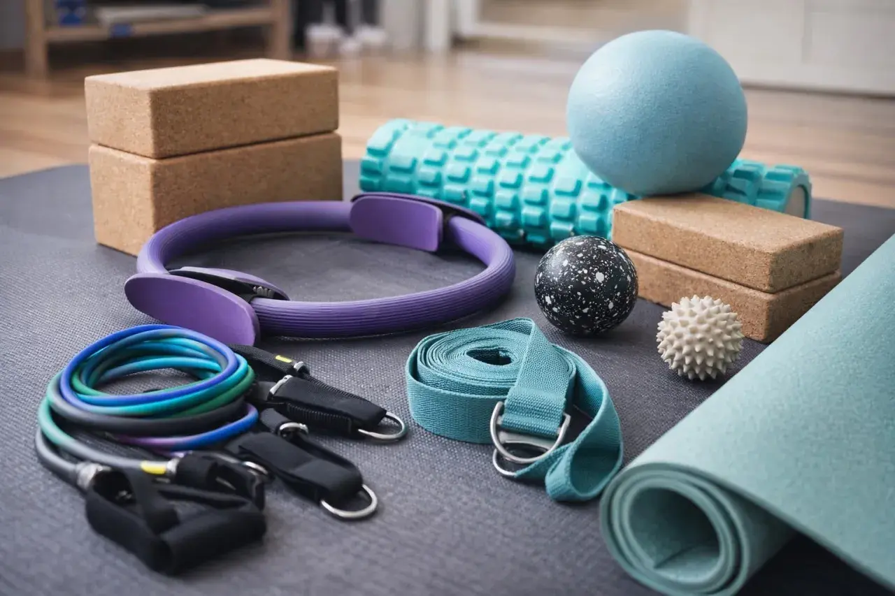 Träningsredskap för hemmet: yogamatta, pilatesring, band, bollar och block. Perfekt för din yoga DVD-träning.