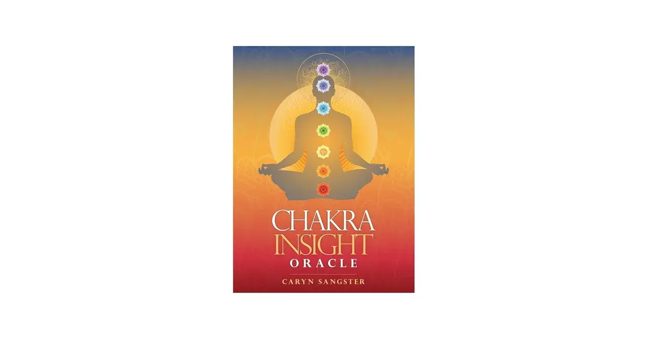 Omslag till "Chakra Insight Oracle" med en person i meditation och färgade chakran. En guide för din inre resa, som en starseed oracle.