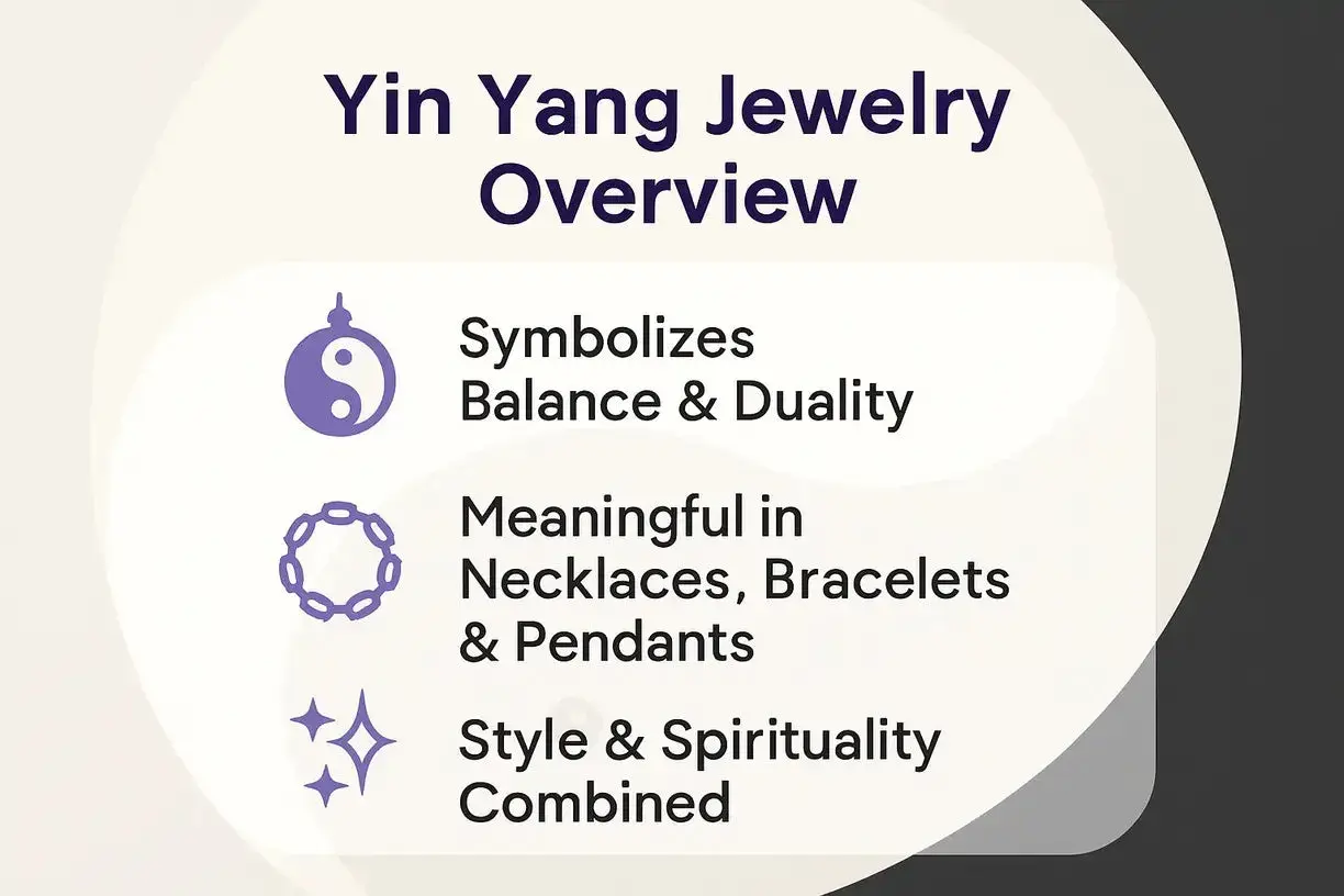 Översikt över Yin Yang smycken. Symboliserar balans och dualitet, meningsfullt i ett yin yang halsband, armband och hängen. Stil och andlighet kombinerat.