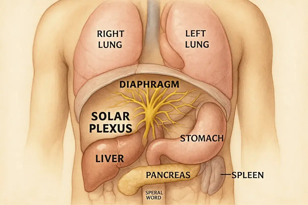 Illustration av människans övre bål med lungor, diafragma, magsäck, lever, bukspottkörtel, mjälte och det centrala nervsystemets solar plexus.