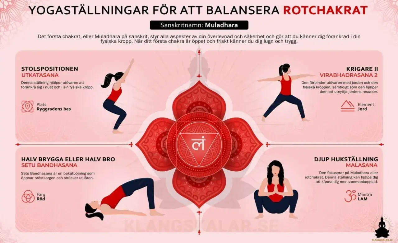 Yogaövningar för rotchakrat, som visar hur fungerar jordning genom positioner som Krigare II.