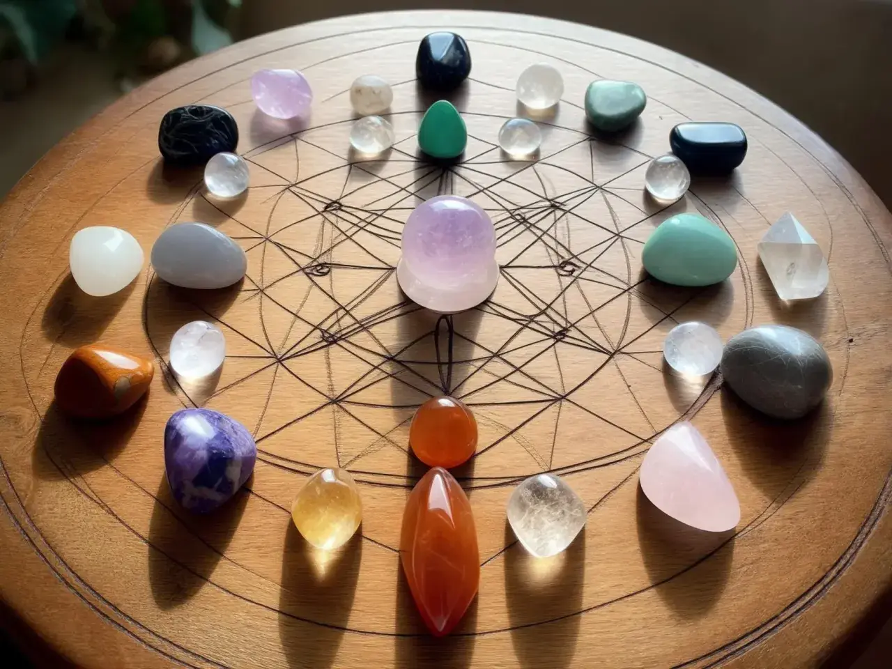 En cirkel av vackra chakra smycken, arrangerade på en träskiva med geometriska mönster. Stenar i olika färger och former skapar en harmonisk helhet.