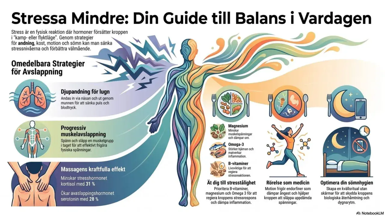 Bilden visar strategier för att minska stress, inklusive djupandning, muskelavslappning och massage som ökar serotonin.