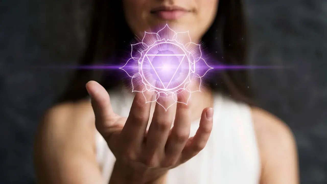 En kvinna håller upp sin hand där ett lysande lila kronchakra svävar.