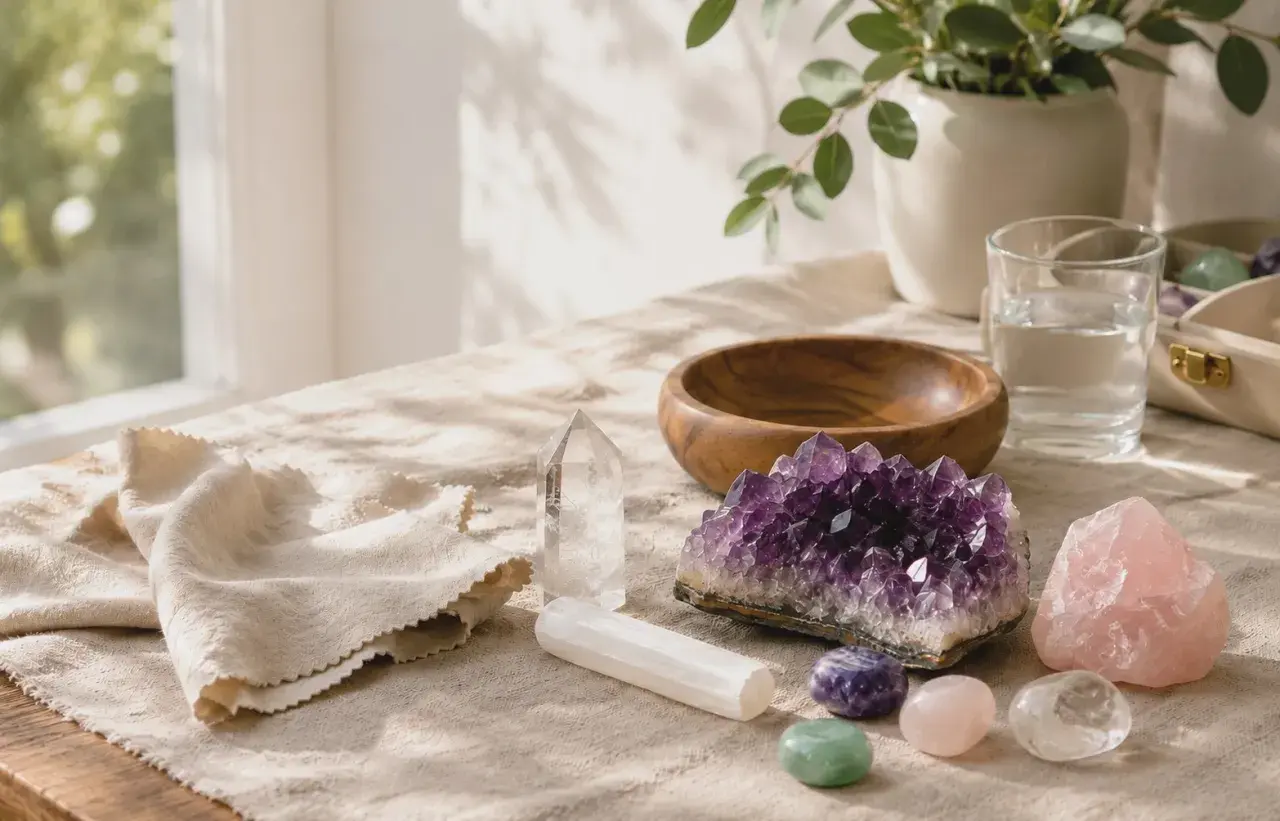 Vackra kristaller och stenar, som ametist och rosenkvarts, ligger utspridda på en duk. En klar kvartskristall och en selenite-stav står upprätt.