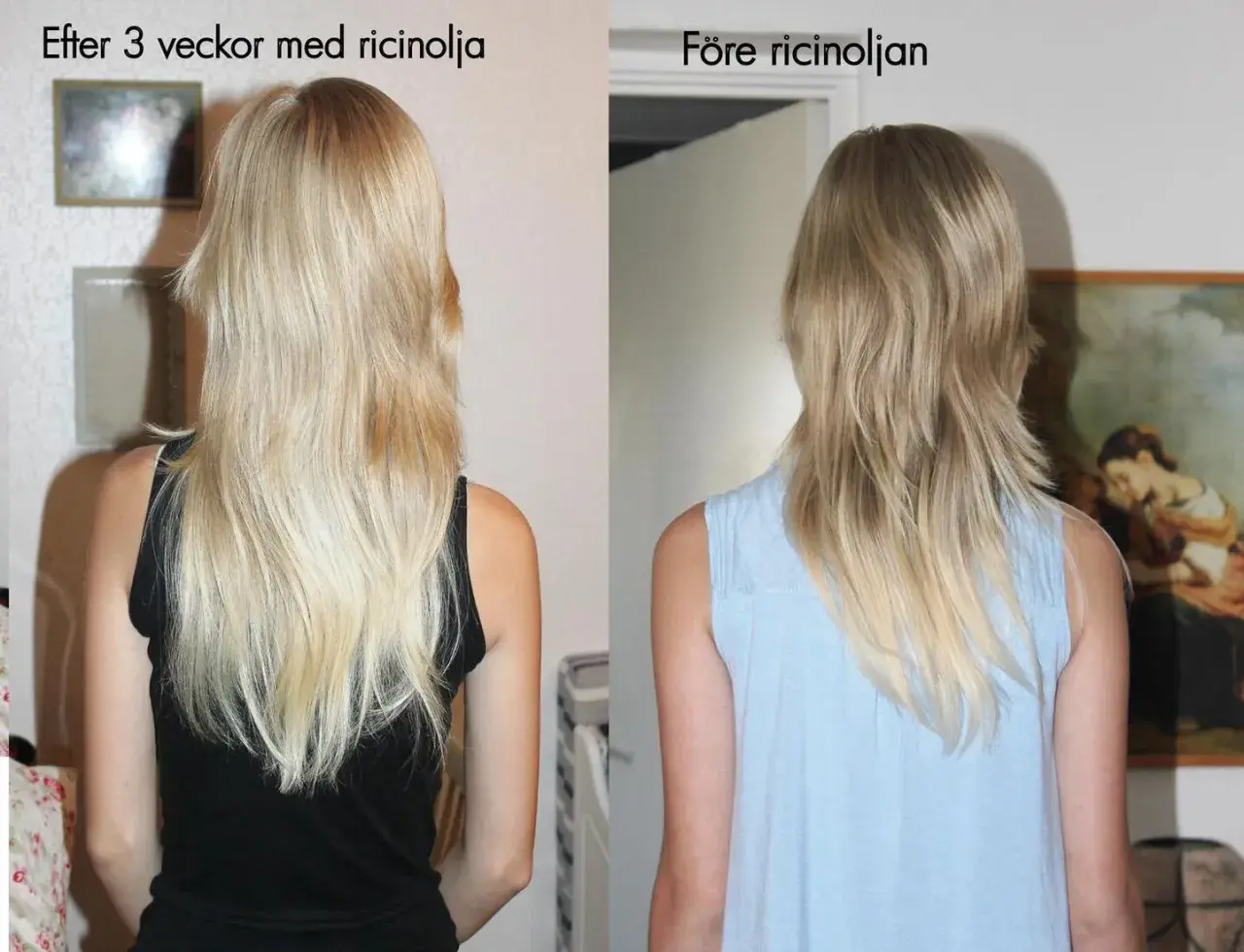 Före och efter-bilder visar hur håret blivit tjockare och glansigare efter 3 veckor med ricinolja.