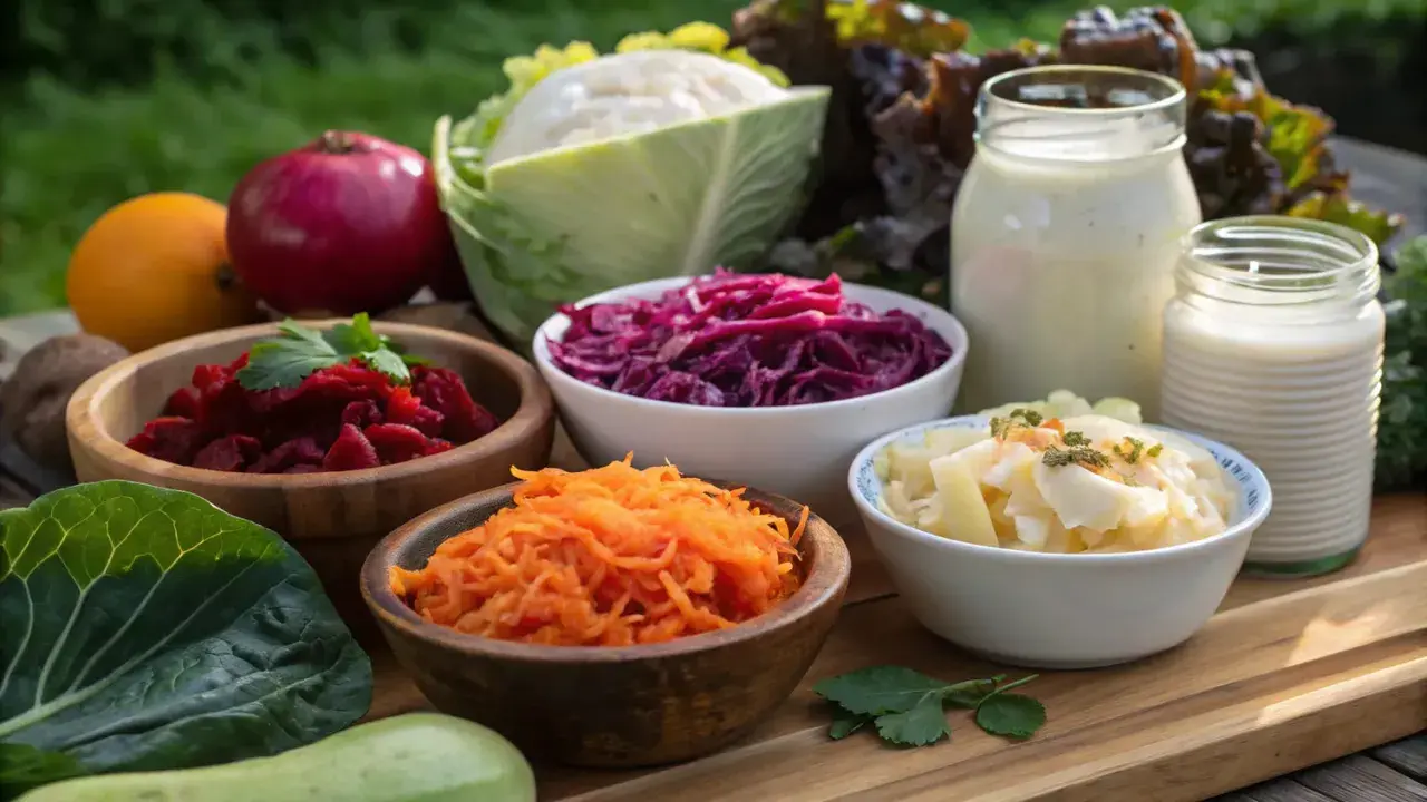 En härlig uppdukning av fermenterade grönsaker som rödbetor, surkål och morötter, perfekt för en **holistic cellsyre**-diet.