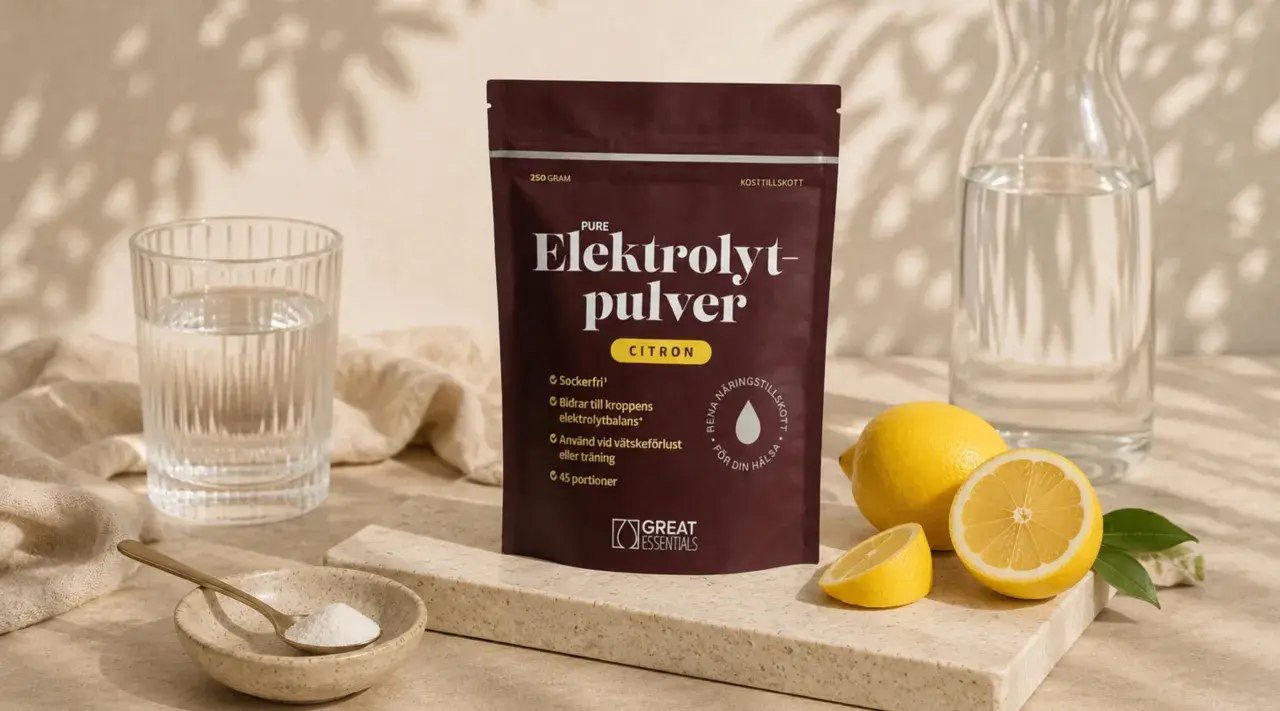 Elektrolytpulver med citron för att balansera hormoner och återställa vätskebalansen. Citroner, glas vatten och en sked pulver.