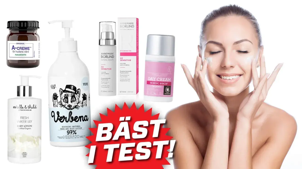 En kvinna applicerar ekologisk bodylotion. Flera produkter för hudvård visas, inklusive Annemarie Börlind och Estelle & Thild.