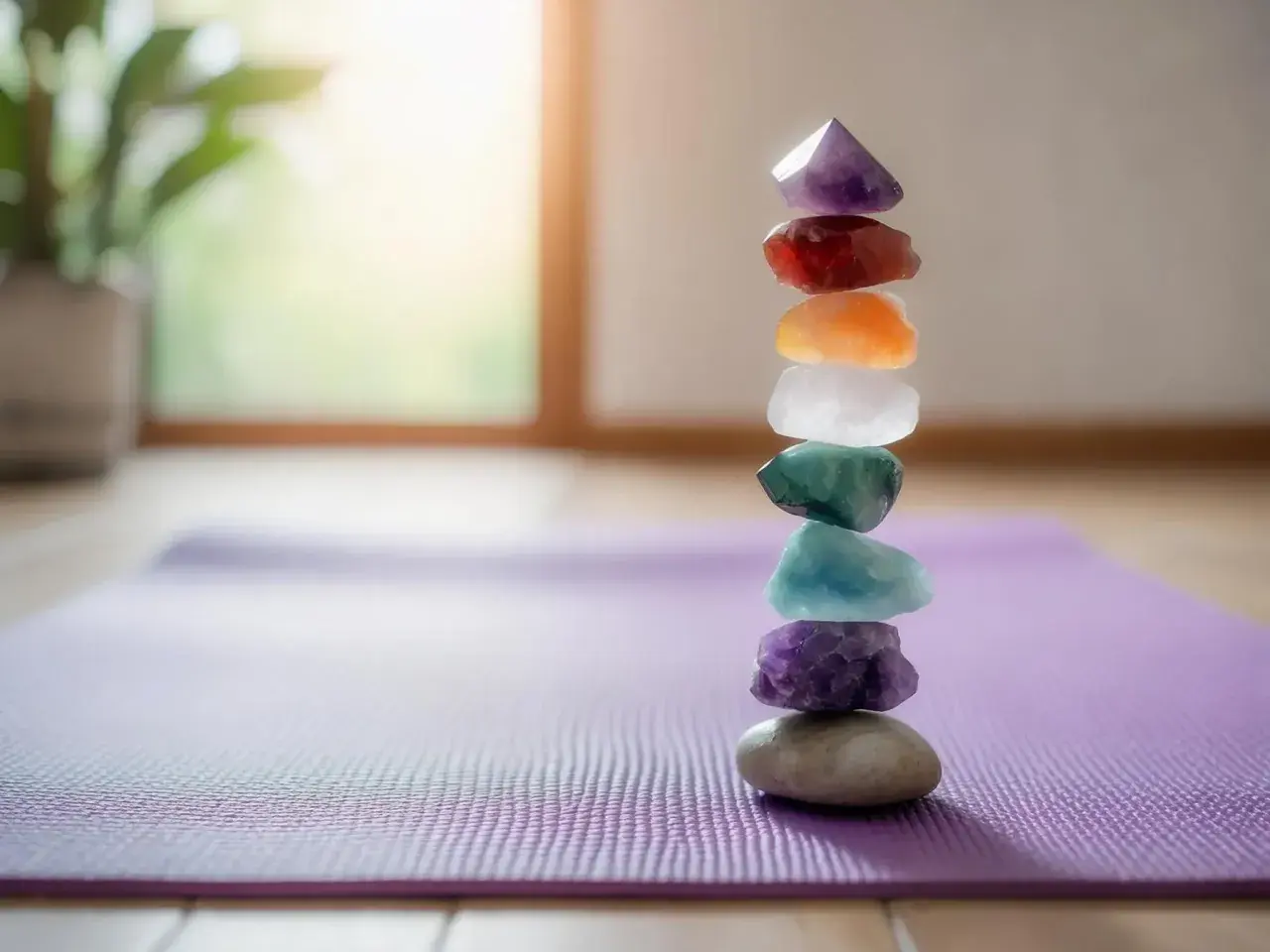 En stapel färgade chakra stenar på en lila yogamatta. Varje sten representerar en betydelse för kroppens energicentra.