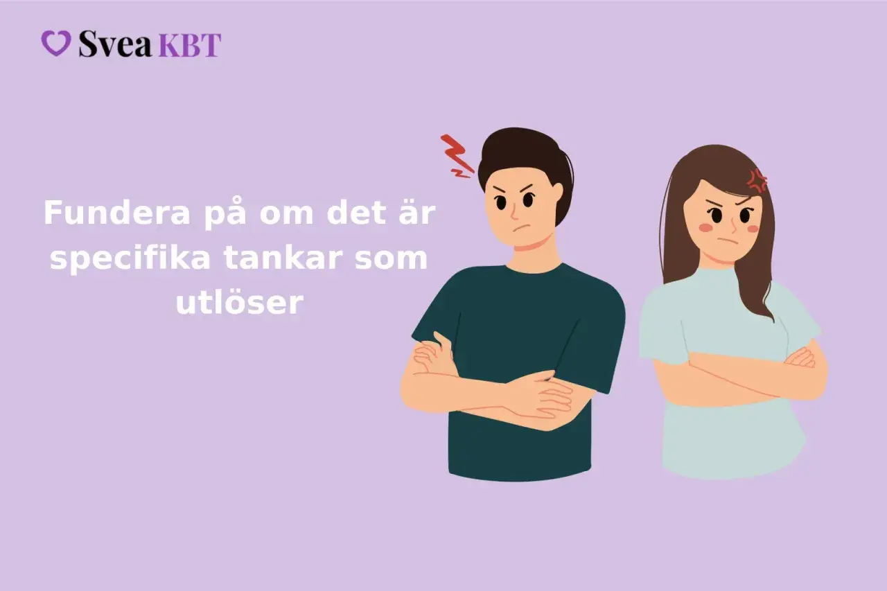 Två arga personer med armarna i kors. Texten lyder: Fundera på om det är specifika tankar som utlöser.