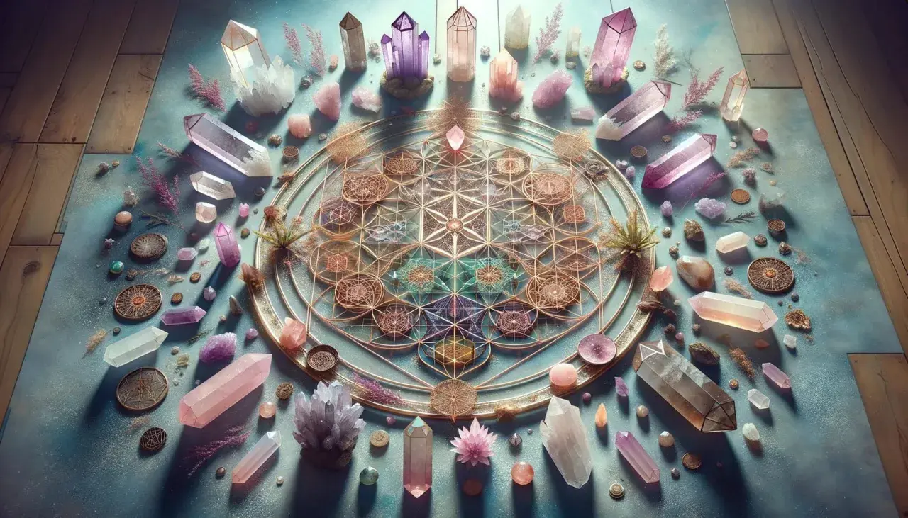 En cirkel av kristaller och buddhistiska symboler, som "Livets blomma", skapar en andlig atmosfär.