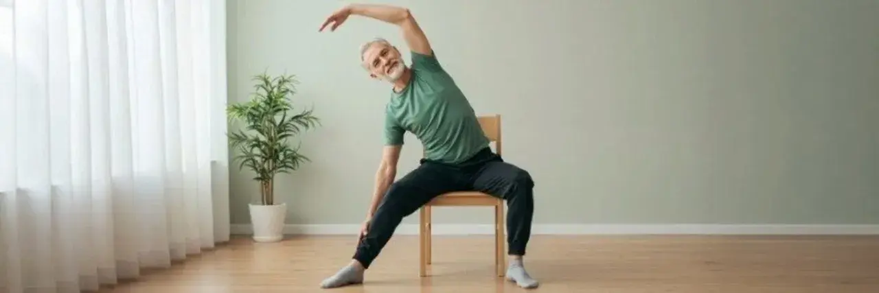 Äldre man gör senior yoga på en stol, sträcker sig åt sidan med ett leende.