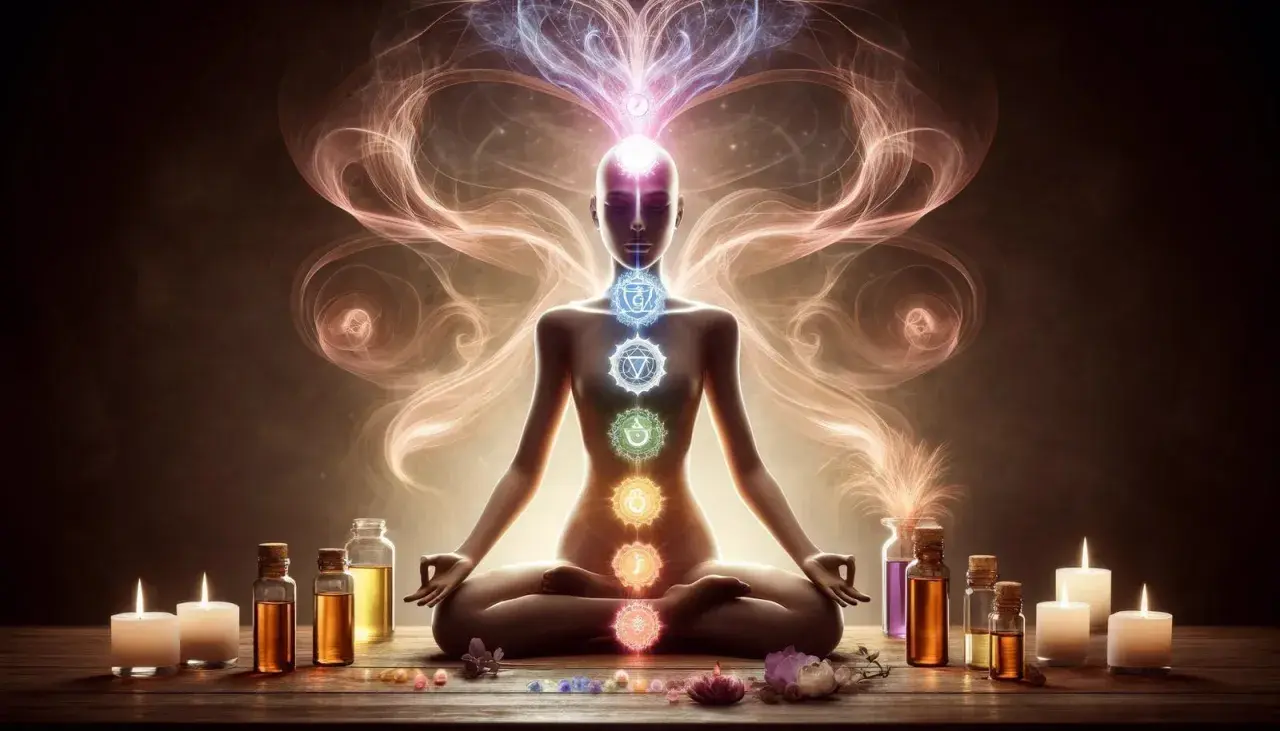 En person med upplysta chakran i meditation, omgiven av ljus, oljor och blommor. En känsla av salvia rening och inre frid.