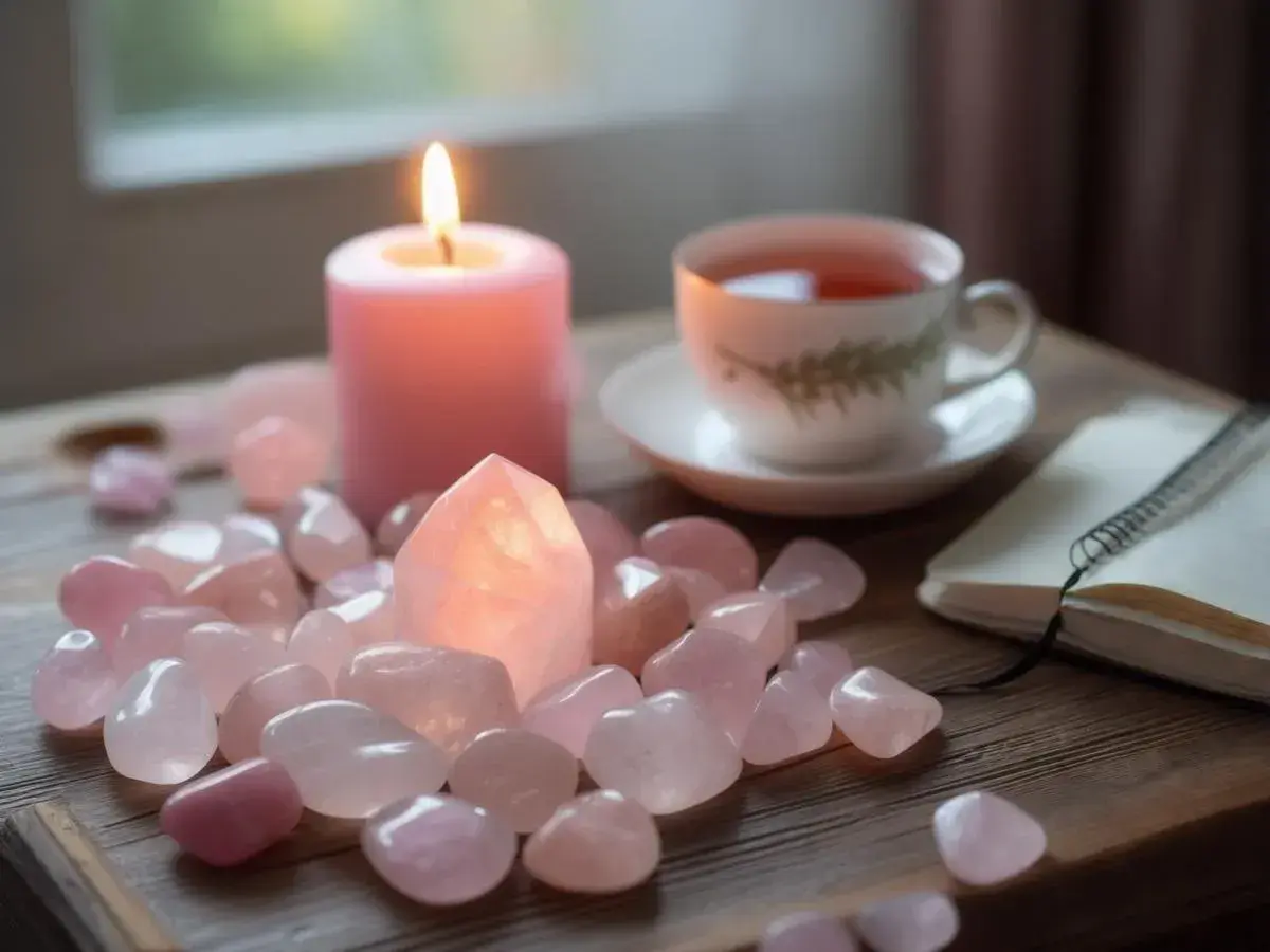 En rosa ljus, en kopp te och en anteckningsbok omgivna av rosenkvartsstenar. Rosenkvarts egenskaper sägs vara kopplade till kärlek och lugn.