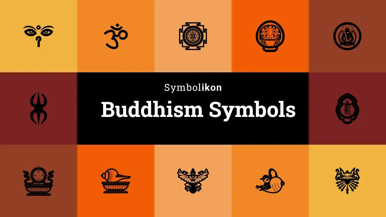 En samling buddhistiska symboler, inklusive &ouml;gon, Om, mandala och Buddha.