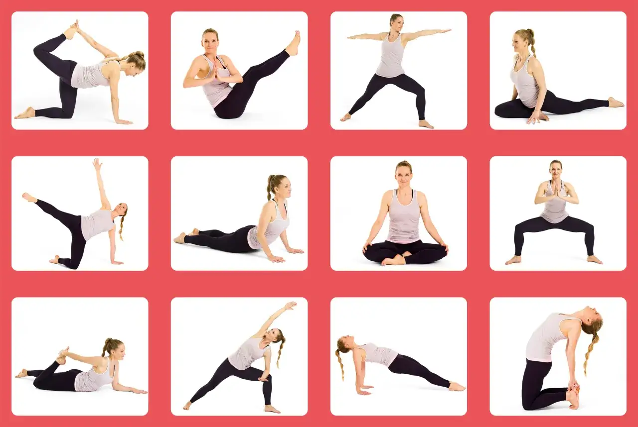 En kvinna utf&ouml;r olika yoga&ouml;vningar som en del av ett yoga program.