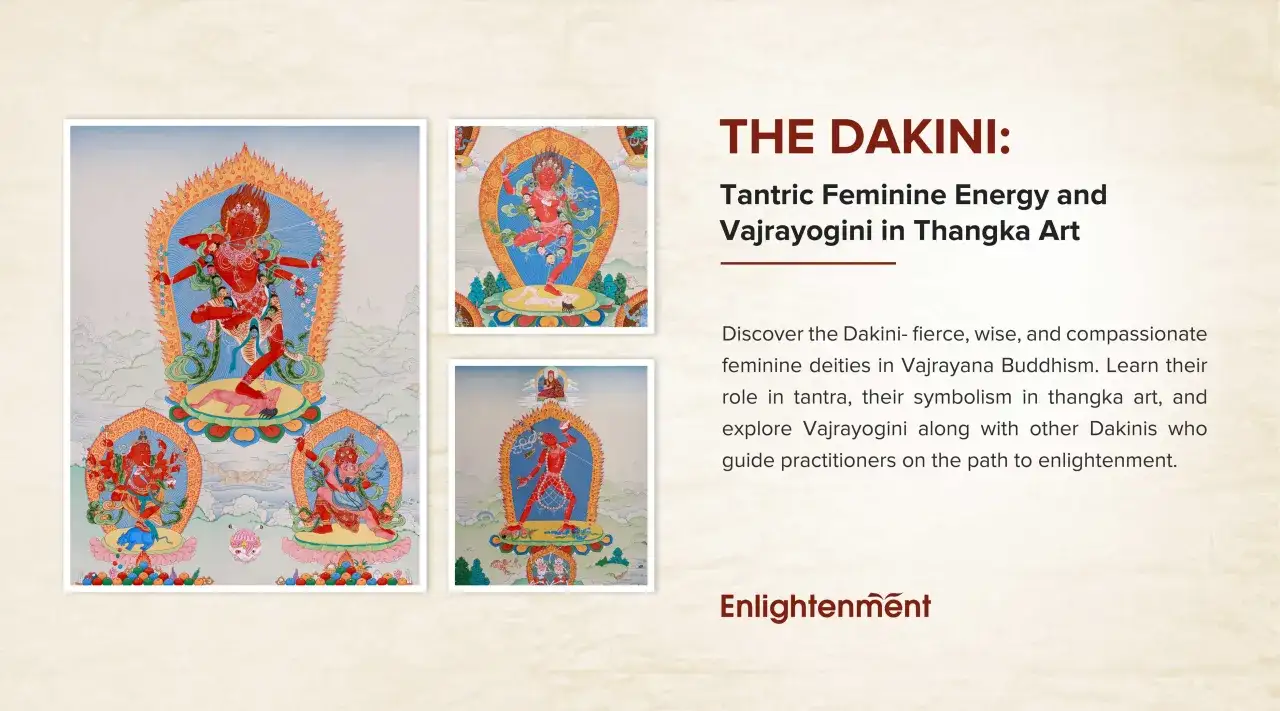 Thangka-konst med Dakini-figurer, som visar tantrisk feminin energi och Vajrayogini. Utforska Dakini yoga.