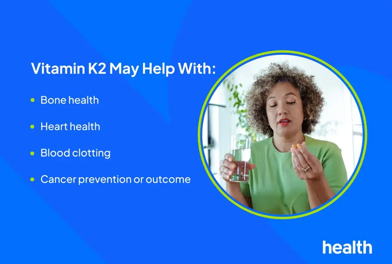 En kvinna tar ett piller och ett glas vatten. Texten lyfter fram holistisk K2 f&ouml;r benh&auml;lsa, hj&auml;rth&auml;lsa, blodkoagulering och cancerprevention.