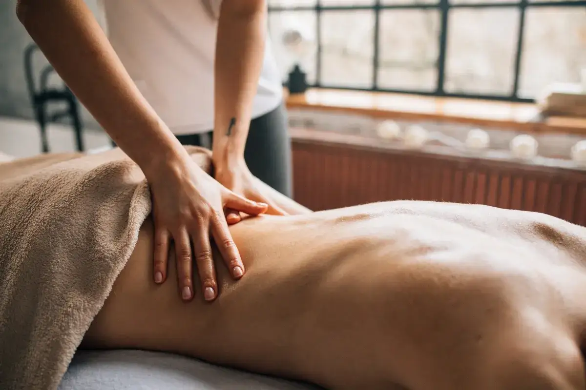 H&auml;nder utf&ouml;r en avslappnande indisk massage p&aring; en rygg. En mjuk filt t&auml;cker delvis kroppen.