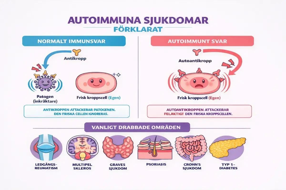 Illustration som förklarar autoimmuna sjukdomar. Visar normalt immunförsvar mot patogen och autoimmunt svar där autoantikroppar attackerar friska celler. Test för autoimmun sjukdom kan identifiera dessa antikroppar.