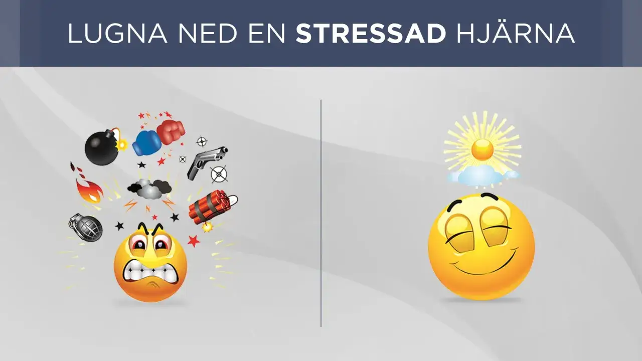 En arg smiley omgiven av bomber och vapen, kontrasterar mot en lugn smiley under en solig himmel. Att lugna ner en stressad hj&auml;rna &auml;r m&ouml;jligt.