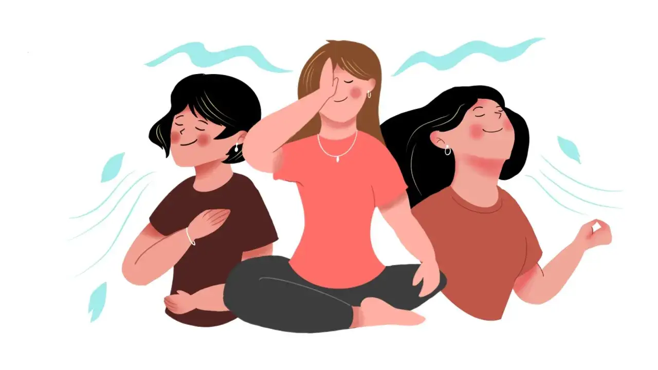 Tre kvinnor ut&ouml;var pranayama yoga. En sitter med slutna &ouml;gon och handen p&aring; br&ouml;stet, en annan t&auml;cker ena &ouml;gat, och den tredje andas djupt med ansiktet mot himlen.